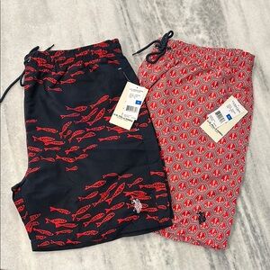 NWT US Polo Assn Men’s Swim Trunks Shorts Lined XL (2 pair) Fish Anchor Red Blue